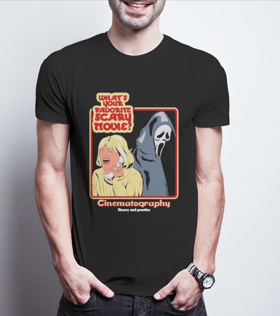 What’s Your Favorite Scary Movie Cinematography Theory And Practice Ghost Mask Girl On Phone T-Shirt