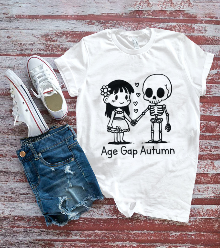 Age Gap Autumn Girl And Skeleton Holding Hands With Hearts T-Shirt
