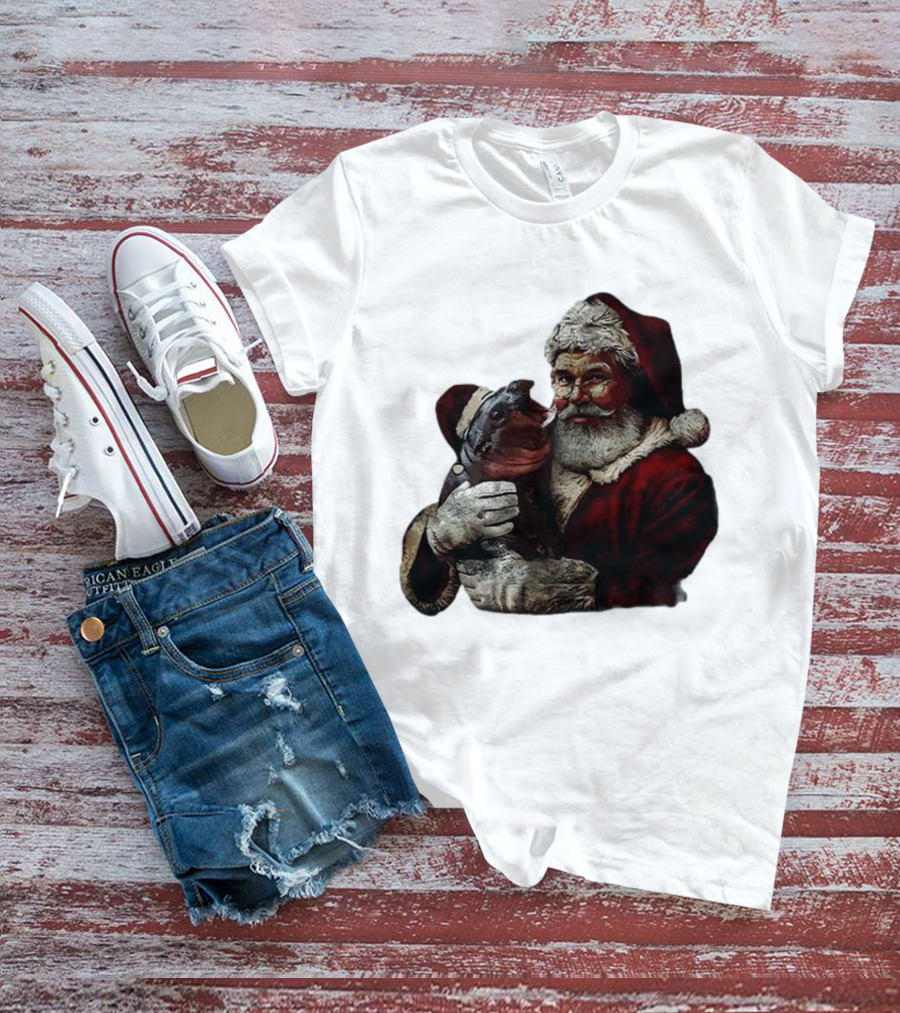 Moo Deng Xmas Funny Christmas Santa Hug Cute Baby Hippo Santa Claus Holiday T-Shirt