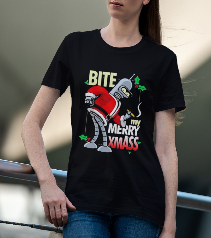 Bite My Merry Xmass Santa Robot Smoking Cigar T-Shirt