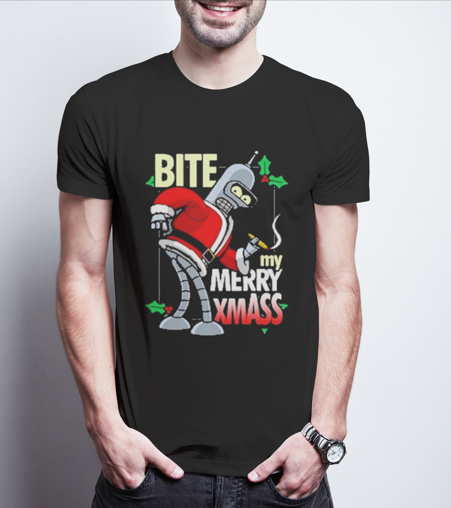 Bite My Merry Xmass Santa Robot Smoking Cigar T-Shirt