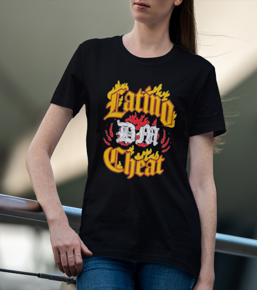 Latino DM Cheat Flames And Gothic Text T-Shirt