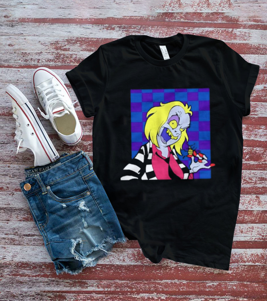 Pan Pizza Beetlejuice Cartoon Checkered Background T-Shirt