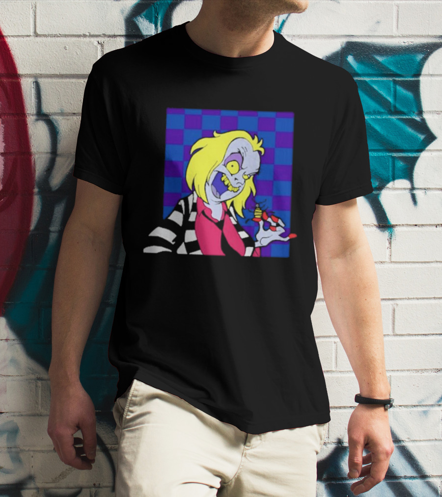 Pan Pizza Beetlejuice Cartoon Checkered Background T-Shirt