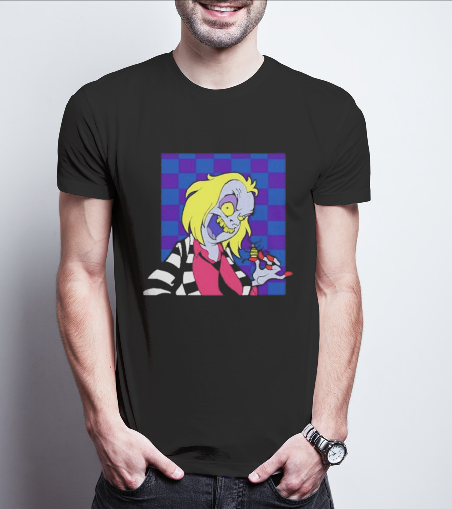 Pan Pizza Beetlejuice Cartoon Checkered Background T-Shirt