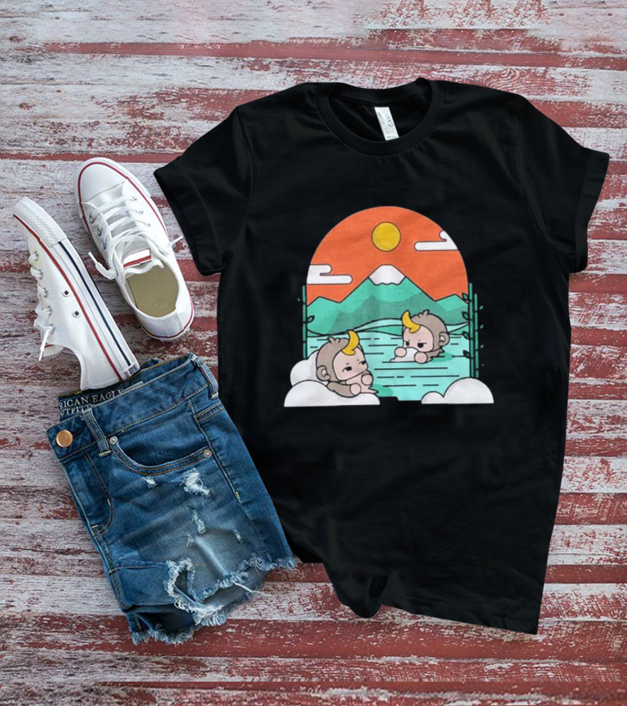 Cdawgva Tranquil Monkeys In Hot Springs With Mountains And Sunset T-Shirt
