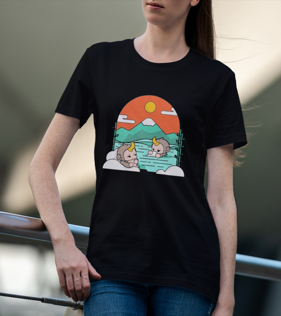 Cdawgva Tranquil Monkeys In Hot Springs With Mountains And Sunset T-Shirt