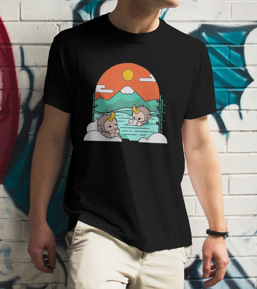 Cdawgva Tranquil Monkeys In Hot Springs With Mountains And Sunset T-Shirt
