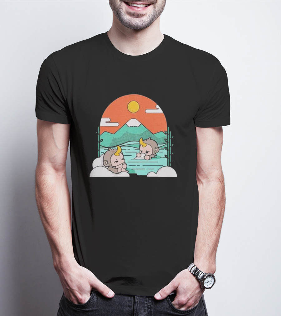 Cdawgva Tranquil Monkeys In Hot Springs With Mountains And Sunset T-Shirt