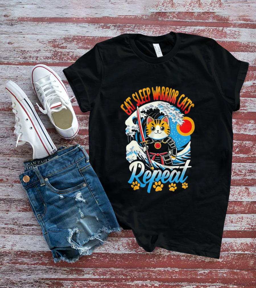 Eat Sleep Warrior Cats Repeat Great Wave Samurai Cat T-Shirt