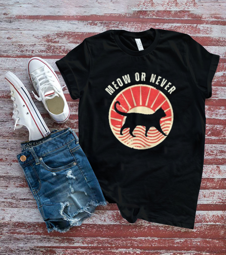 Meow Or Never Retro Sunset Cat T-Shirt
