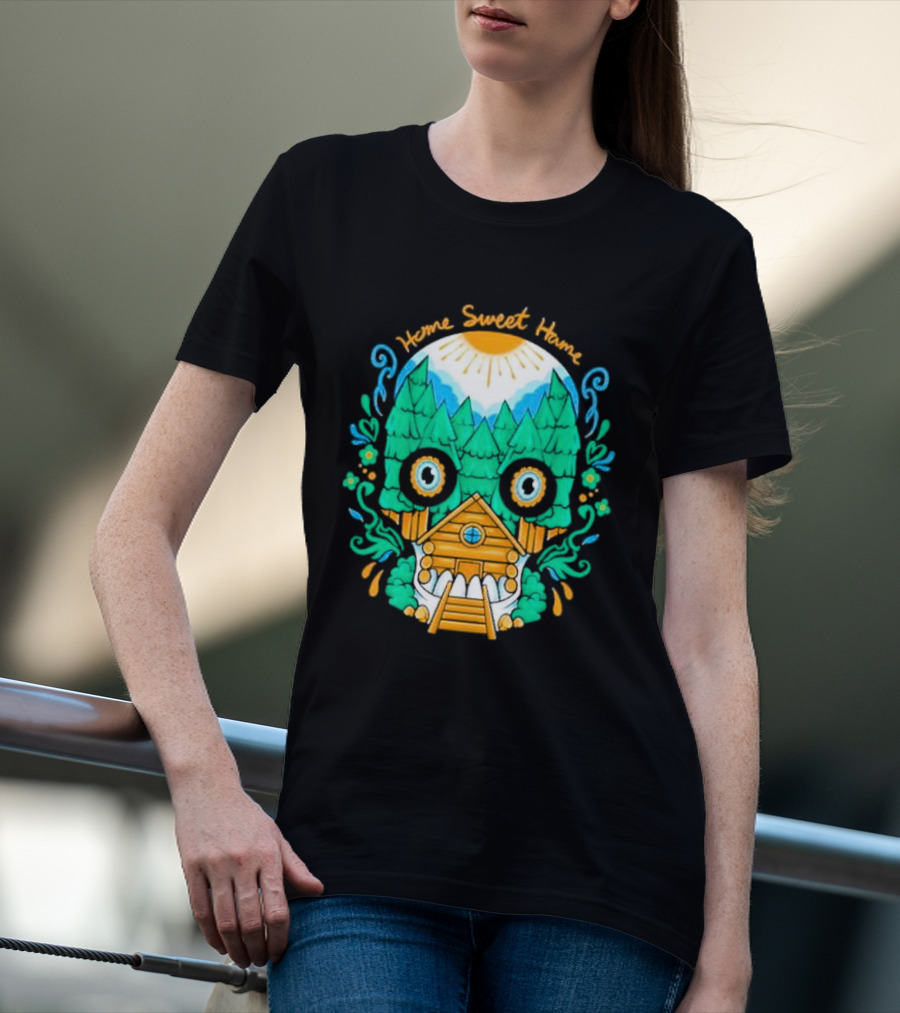 Home Sweet Home Nature Skull With Cabin In Spooky Atmosphere T-Shirt