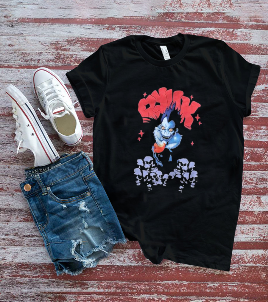 Death Note Ryuk Skull Puff Print Character With Red Spiked Lettering And Skulls T-Shirt