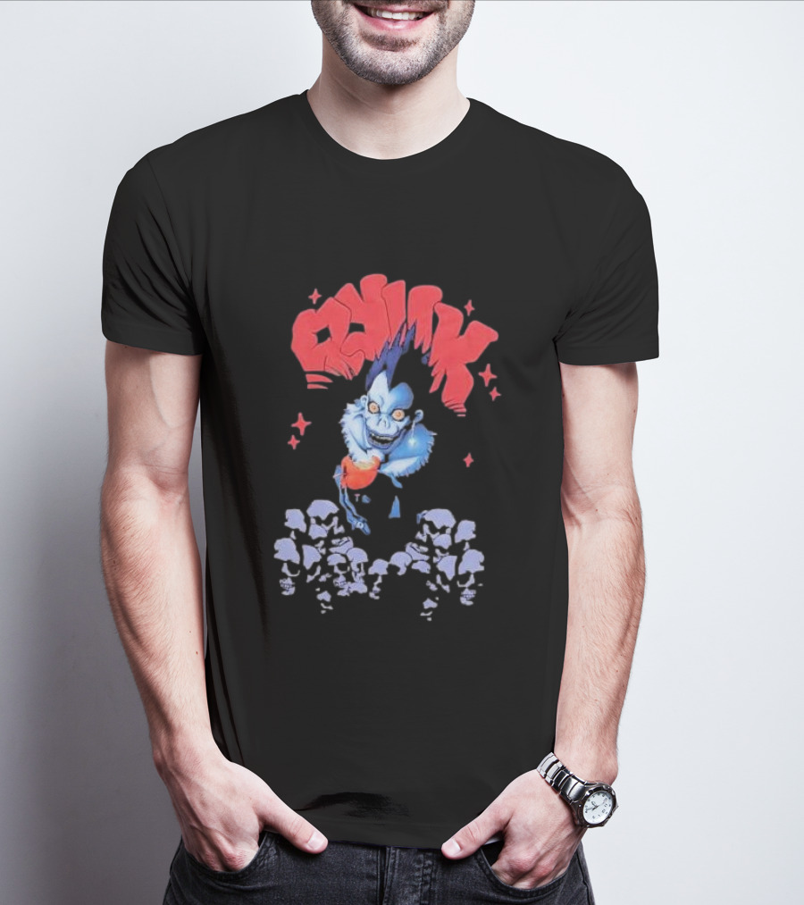 Death Note Ryuk Skull Puff Print Character With Red Spiked Lettering And Skulls T-Shirt