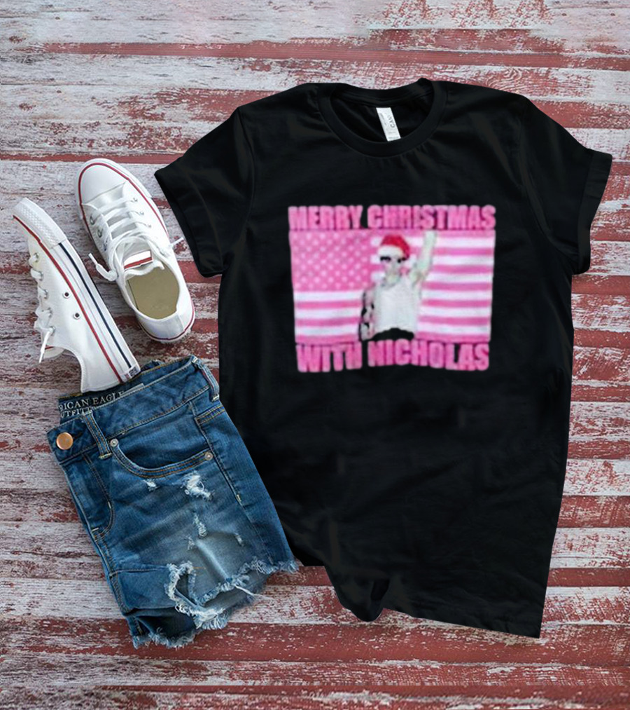 Merry Christmas With Nicholas Festive Santa Hat USA Flag T-Shirt