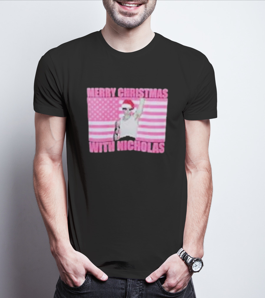 Merry Christmas With Nicholas Festive Santa Hat USA Flag T-Shirt