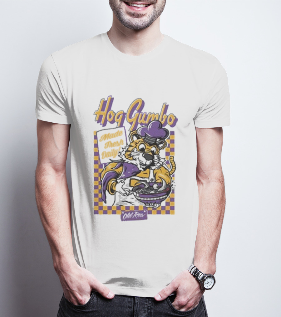 Old Row Hog Gumbo Made Fresh Daily Tiger Chef Purple Gold Checkered T-Shirt
