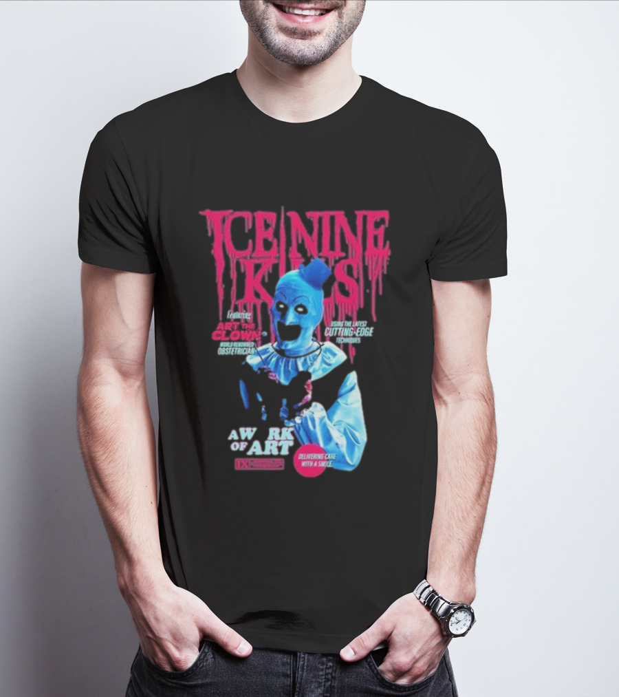 Rock Abilia Ice Nine Kills Black Featuring Art The Clown Cutting Edge Delivering Cake With A Smile T-Shirt