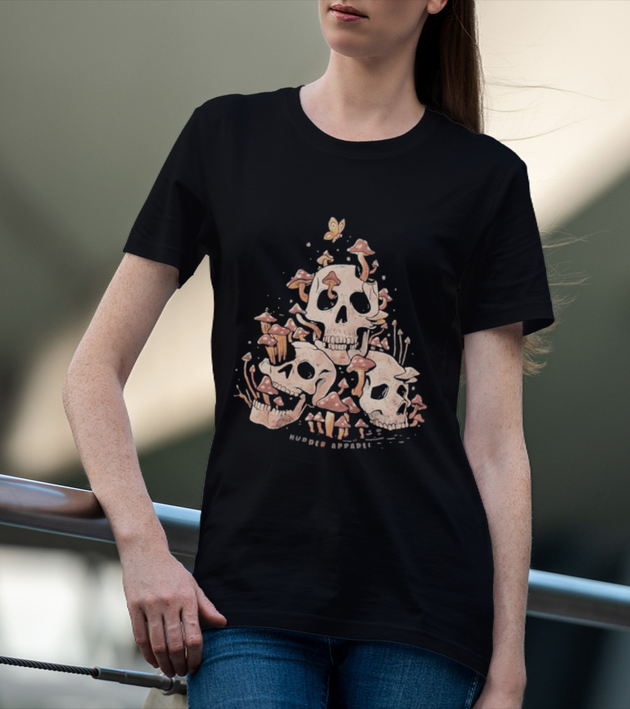 Skulls And Fungi Mushroom Murder Butterfly T-Shirt