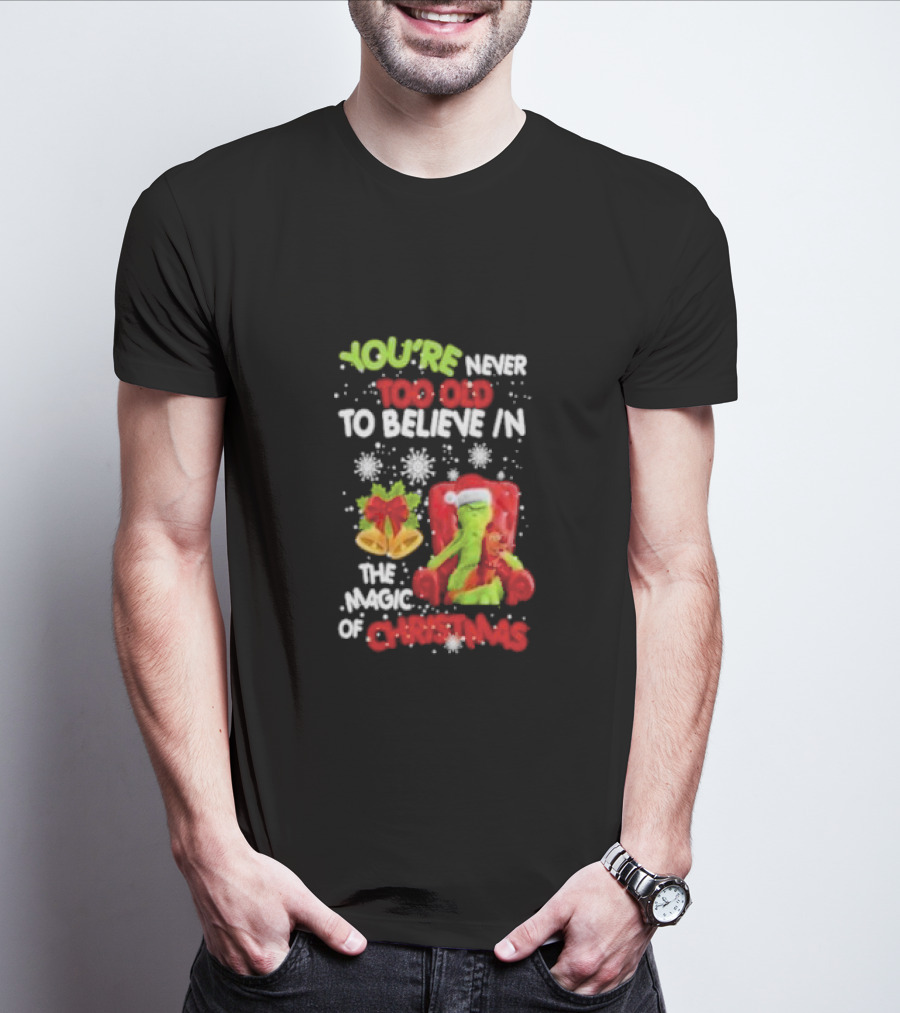 You're Never Too Old To Believe In The Magic Of Christmas With Santa Hat And Chair T-Shirt