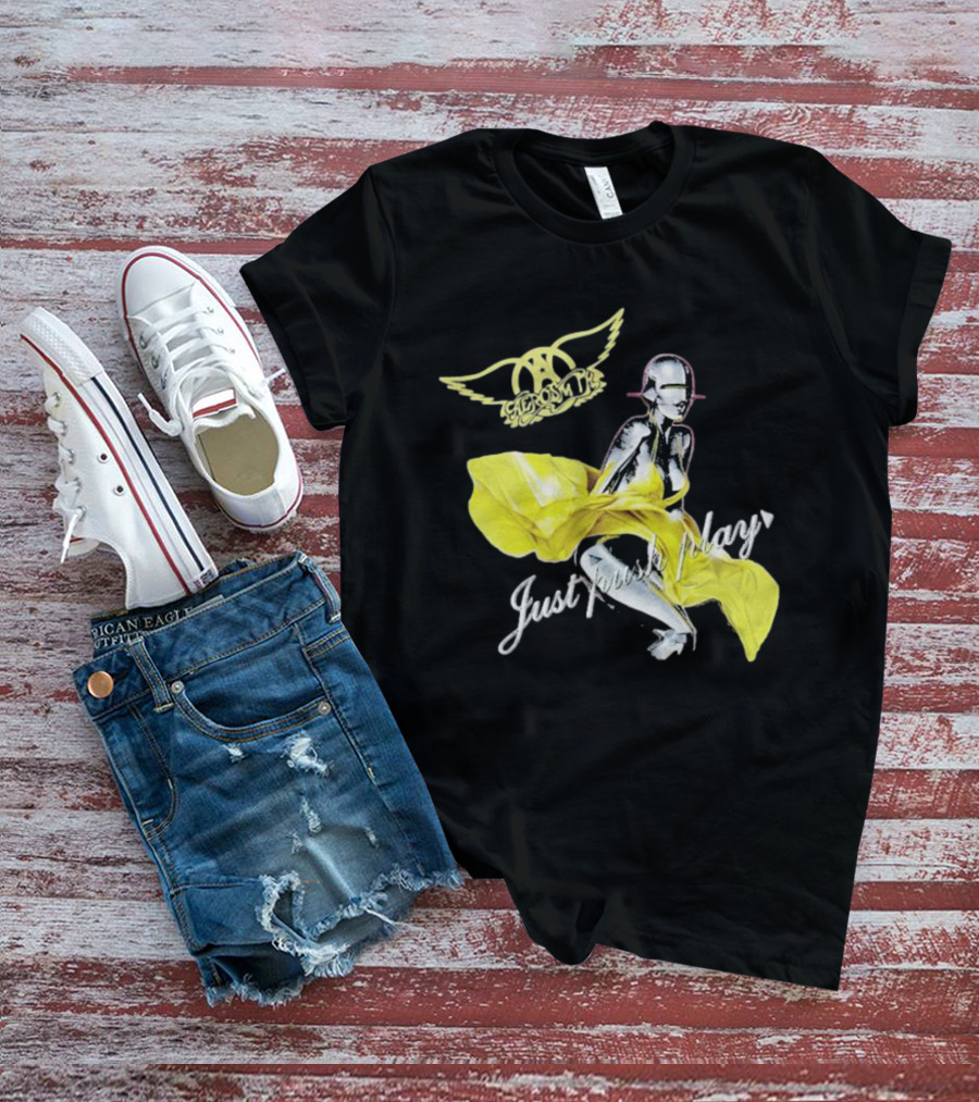 Aerosmith Just Push Play Logo With Futuristic Figure And Yellow Dress T-Shirt