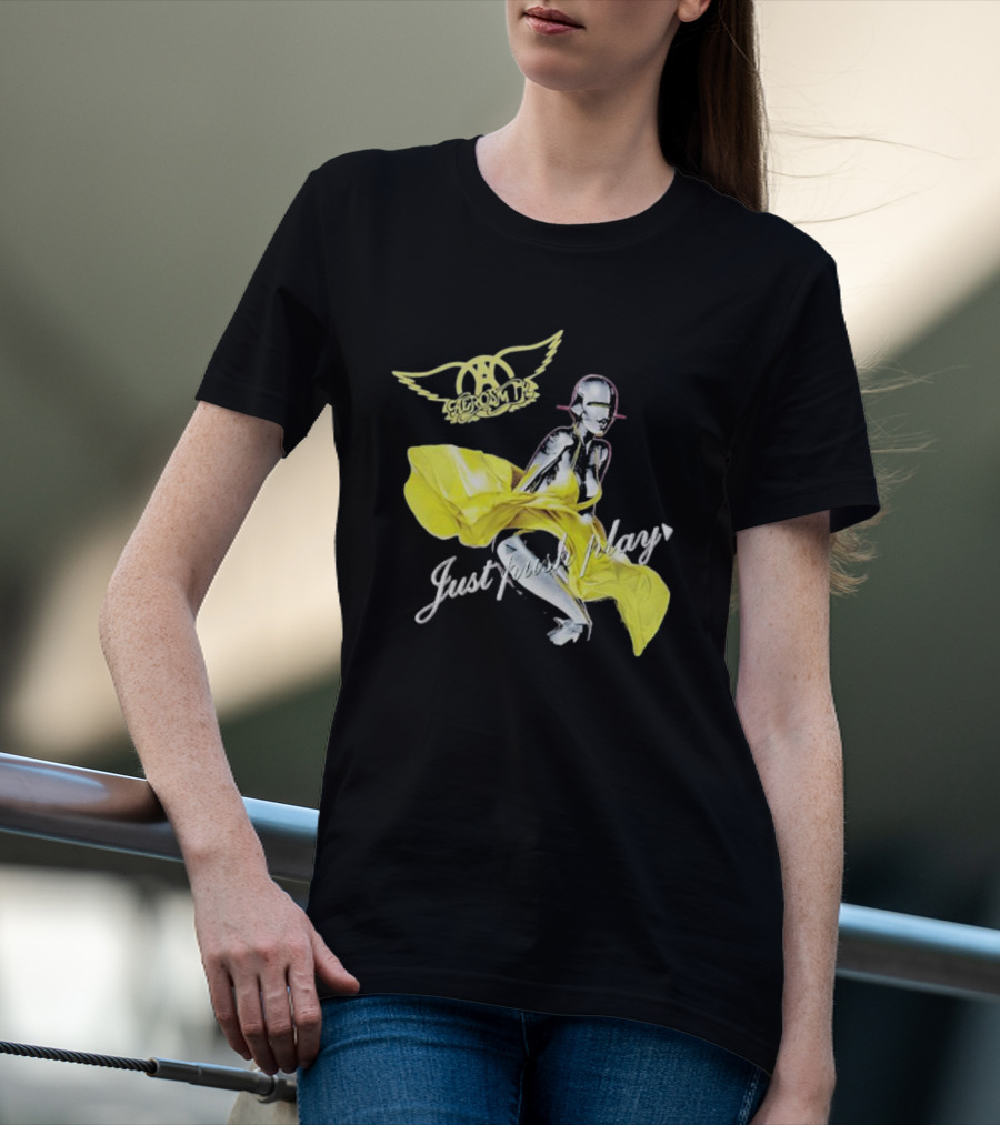 Aerosmith Just Push Play Logo With Futuristic Figure And Yellow Dress T-Shirt