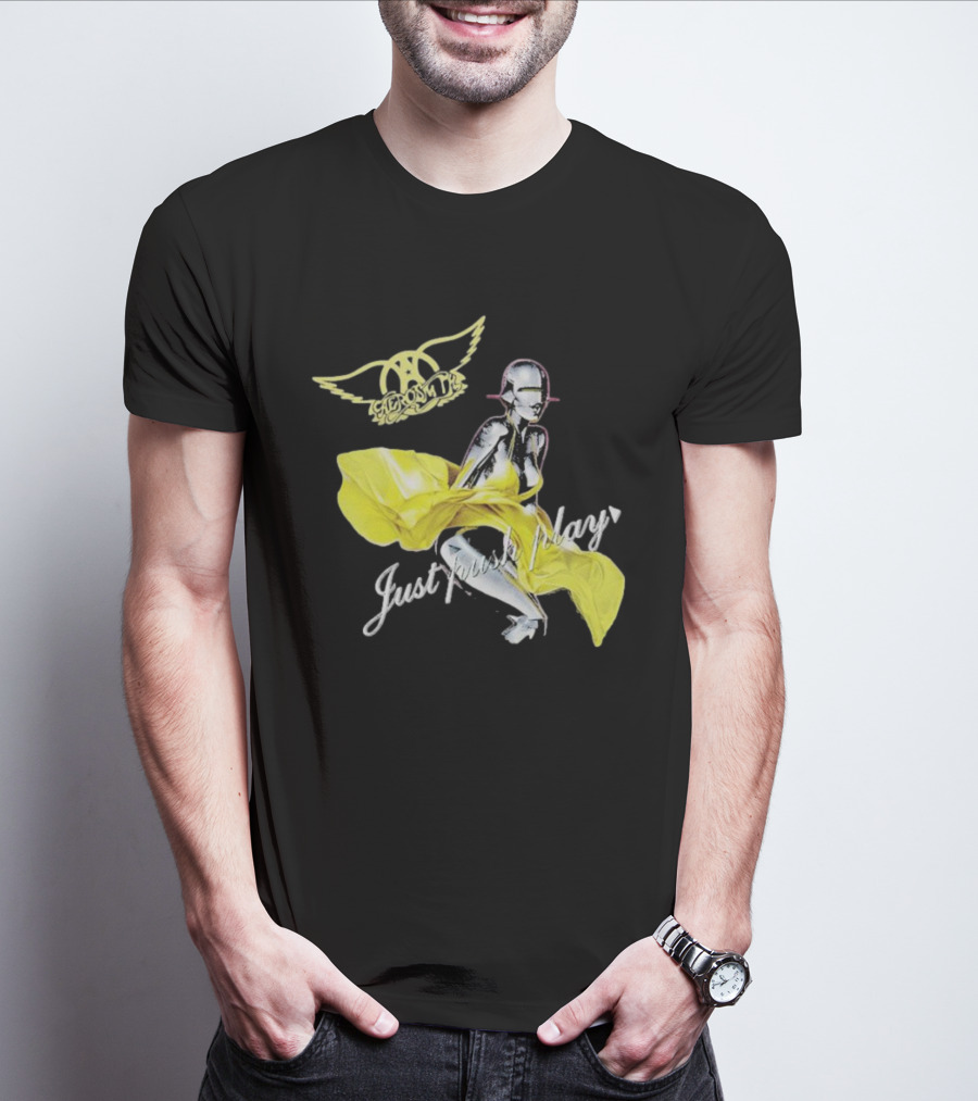 Aerosmith Just Push Play Logo With Futuristic Figure And Yellow Dress T-Shirt