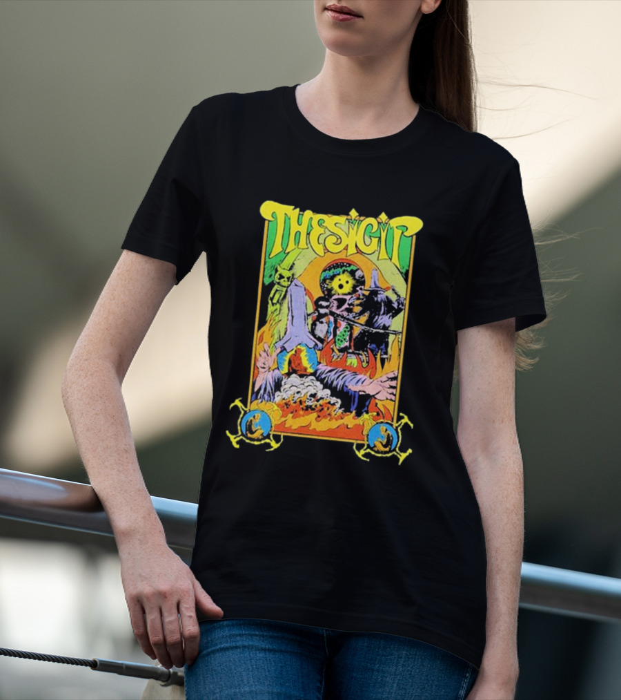 THESIGIT Psychedelic Skeletons Fire Scene Retro T-Shirt