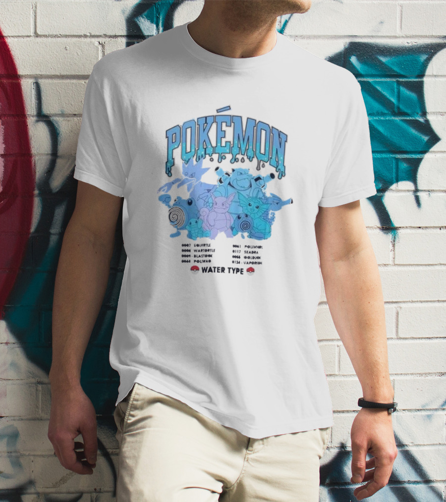POKEMON Water Type Squirtle Wartortle Blastoise Poliwag Psyduck Golduck Poliwhirl Seadra Vaporeon T-Shirt
