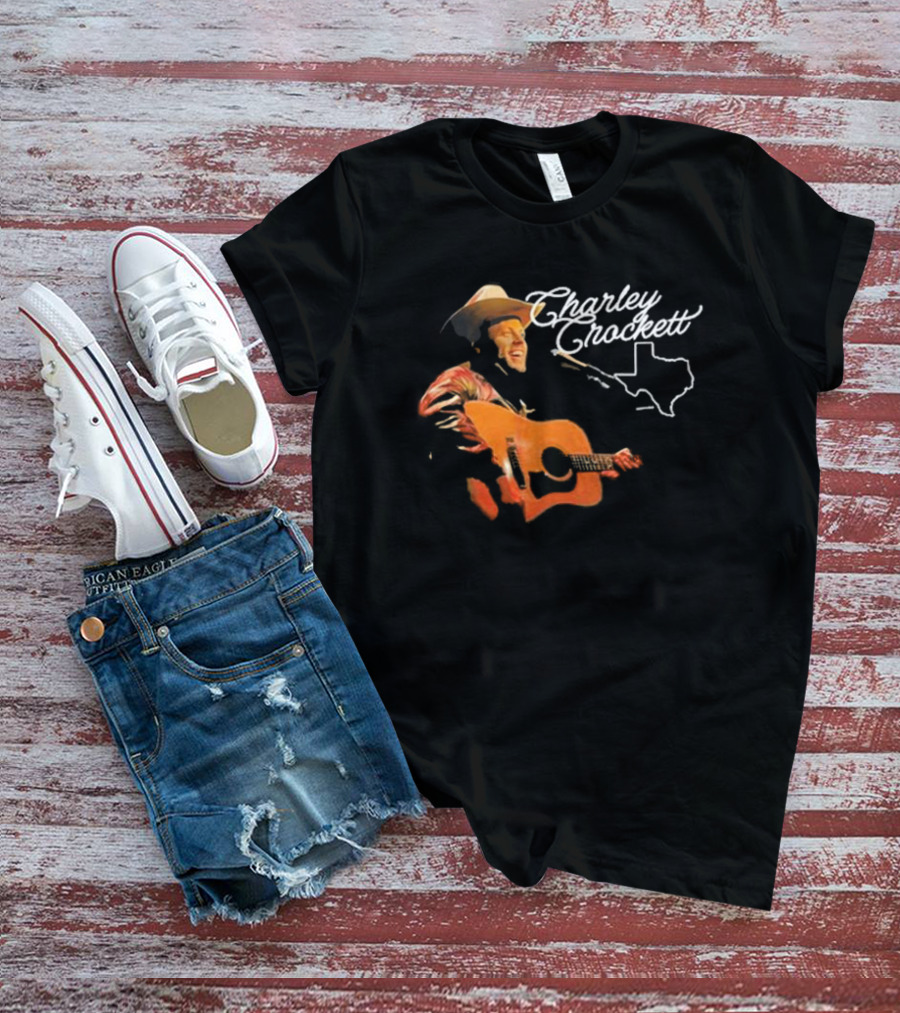 Charley Crockett Live Performance With Guitar And Texas Outline T-Shirt