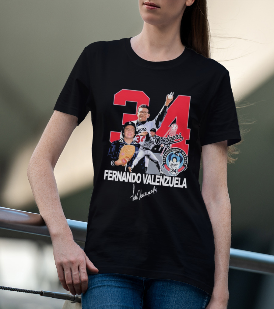 34 Dodgers Fernando Valenzuela Fernandomania Legend Signature T-Shirt
