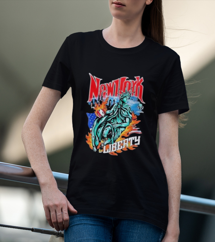 New York Liberty Statue Of Liberty With Flames And American Flag Basketball T-Shirt
