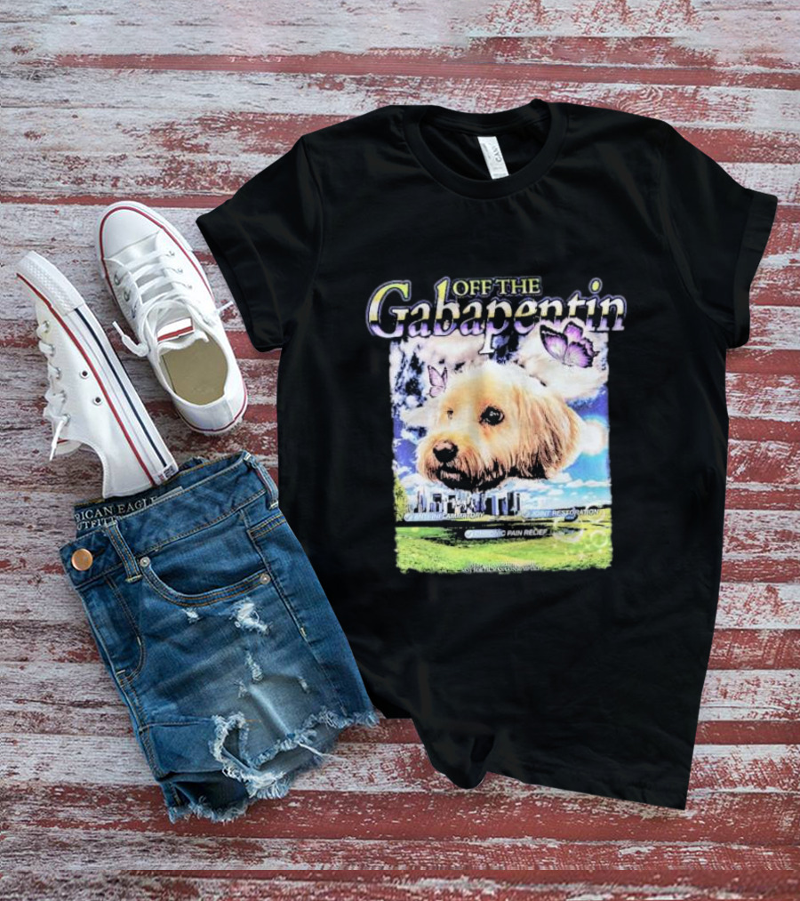 Off The Gabapentin Dog Floating Above Clouds And Stonehenge With Butterflies T-Shirt