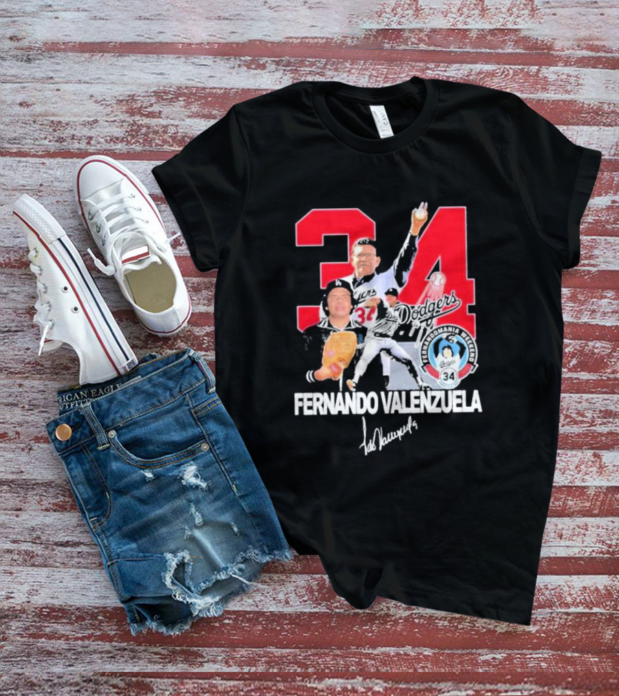 Fernando Valenzuela Dodgers 34 Legend Baseball Tecolomania Mexican 34 Signature T-Shirt