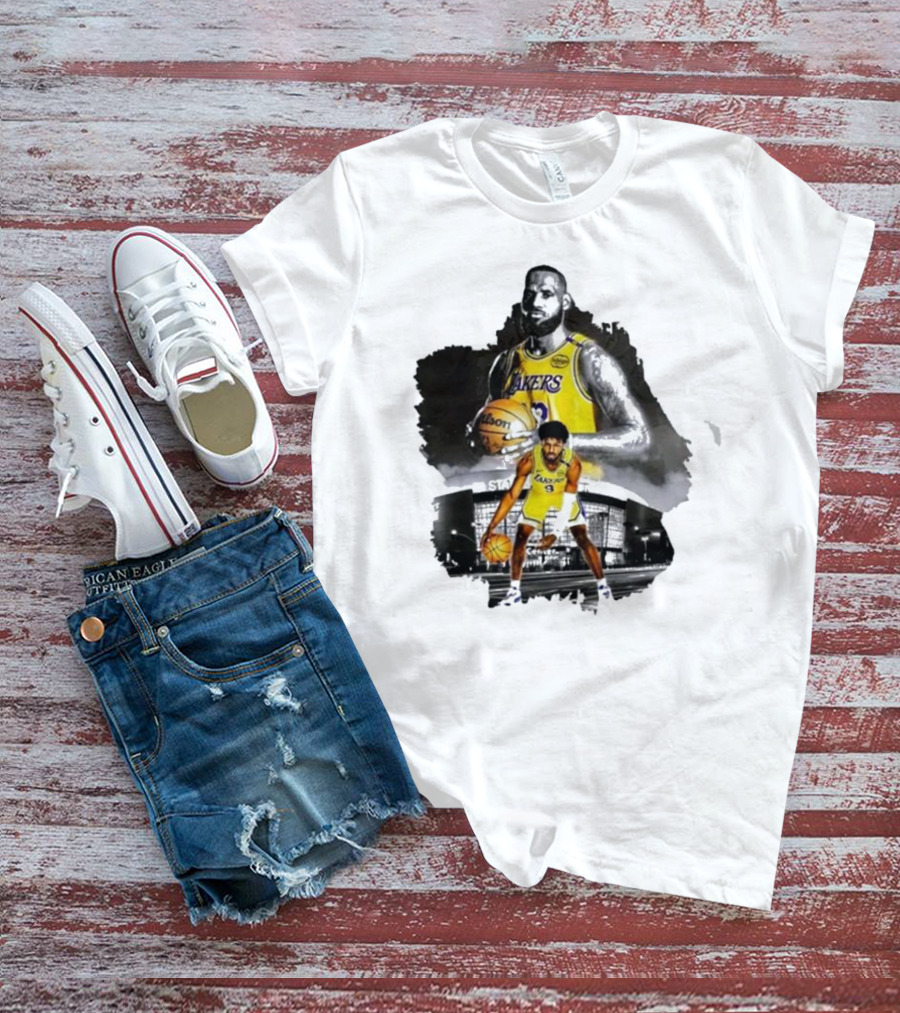 Lebron James Lakers Basketball Star In Action With Los Angeles Stadium Background T-Shirt