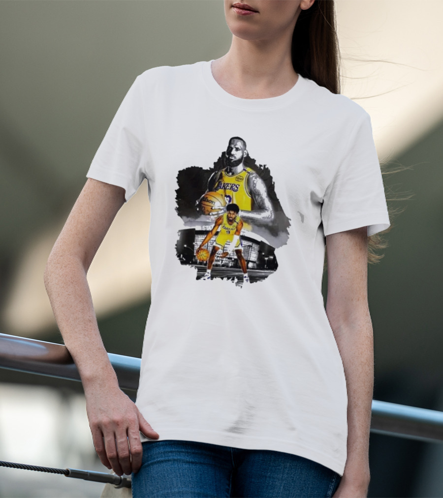 Lebron James Lakers Basketball Star In Action With Los Angeles Stadium Background T-Shirt