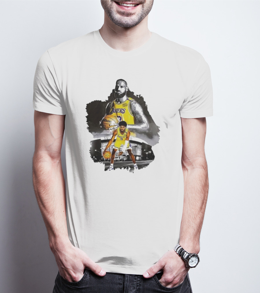 Lebron James Lakers Basketball Star In Action With Los Angeles Stadium Background T-Shirt