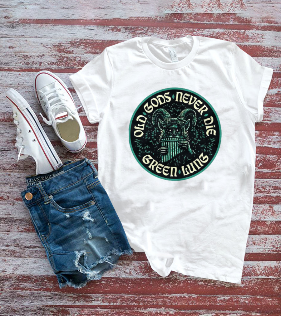 Old Gods Never Die Green Lung Goat-Horned Creature With Pan Flute T-Shirt