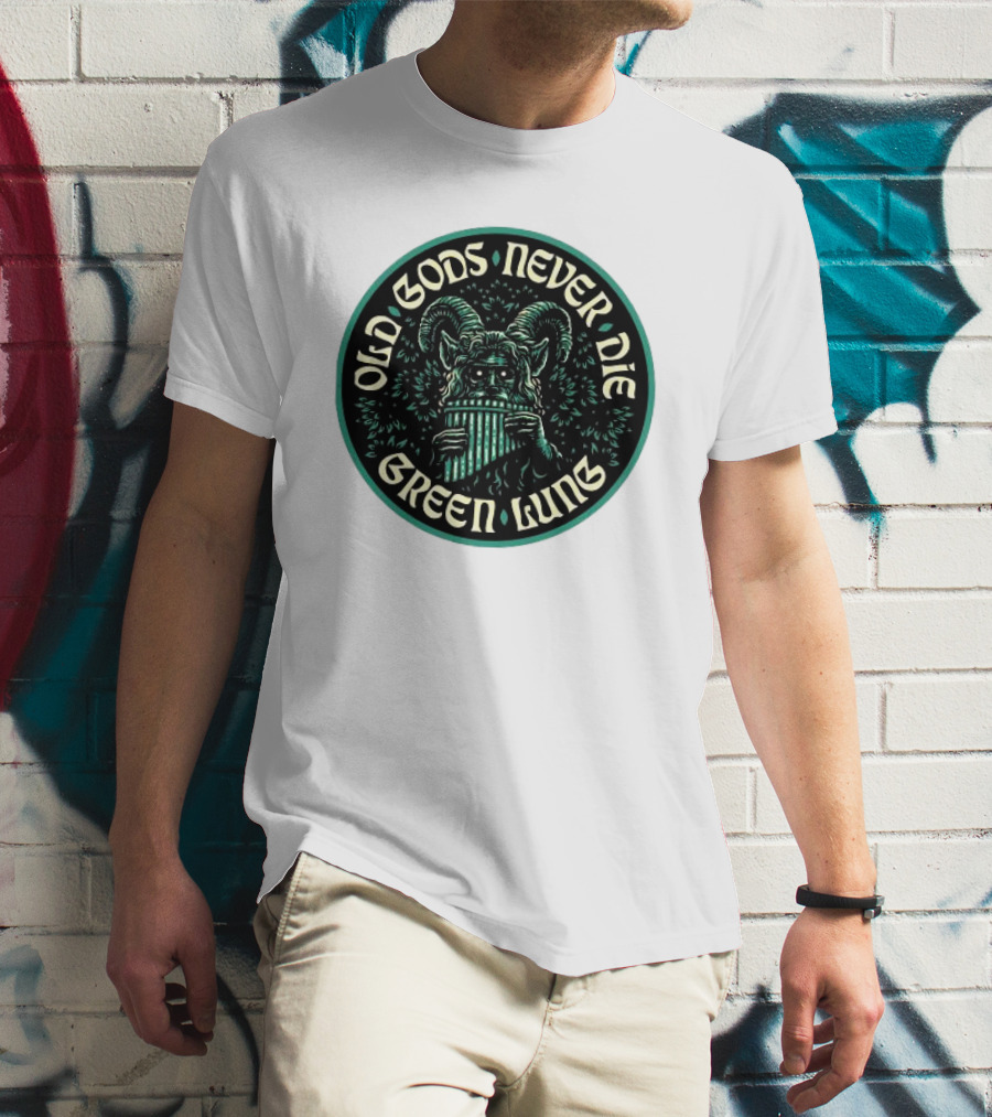 Old Gods Never Die Green Lung Goat-Horned Creature With Pan Flute T-Shirt