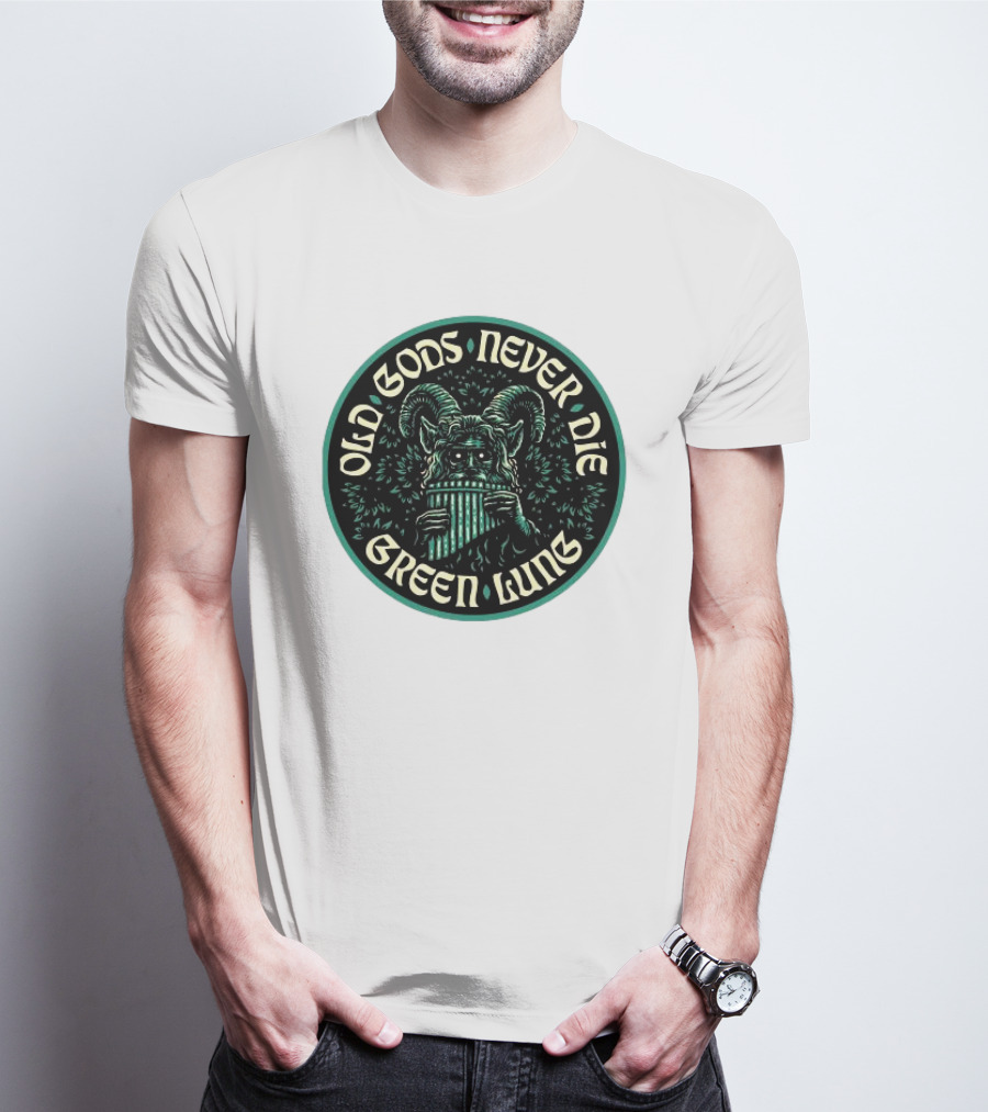 Old Gods Never Die Green Lung Goat-Horned Creature With Pan Flute T-Shirt