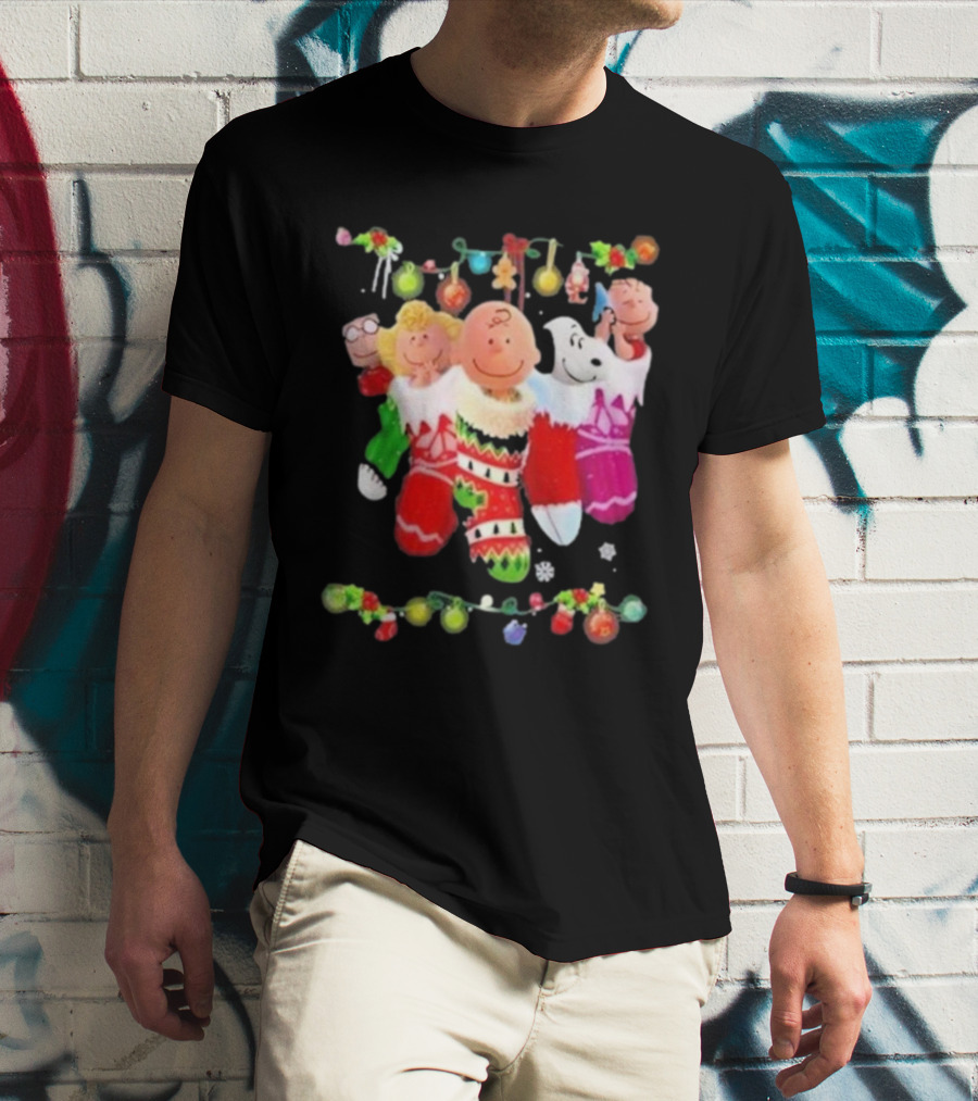 Snoopy Charlie And Friends In Festive Christmas Stockings With Holiday Lights T-Shirt