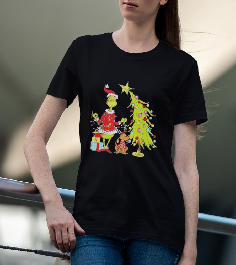 Grinch Christmas Tree With Santa Hat And Max By Presents T-Shirt