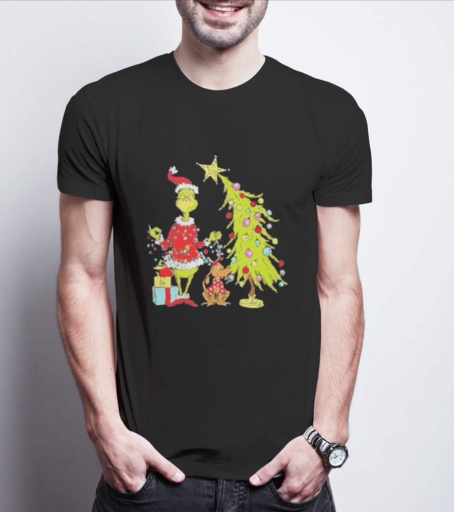 Grinch Christmas Tree With Santa Hat And Max By Presents T-Shirt