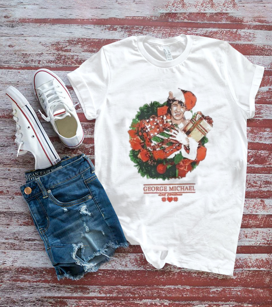 GEORGE MICHAEL LAST CHRISTMAS SANTA HAT WREATH T-Shirt