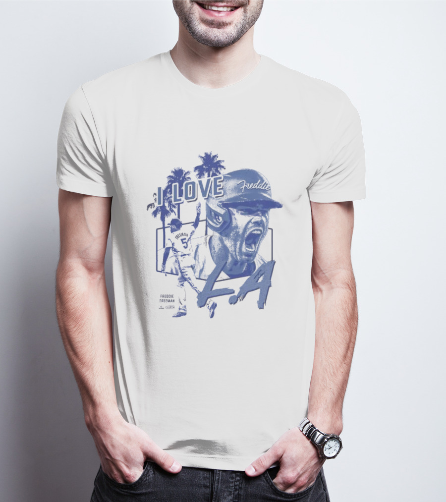 I Love LA Freddie Freeman Baseball Player Palm Trees Dodger Blue T-Shirt