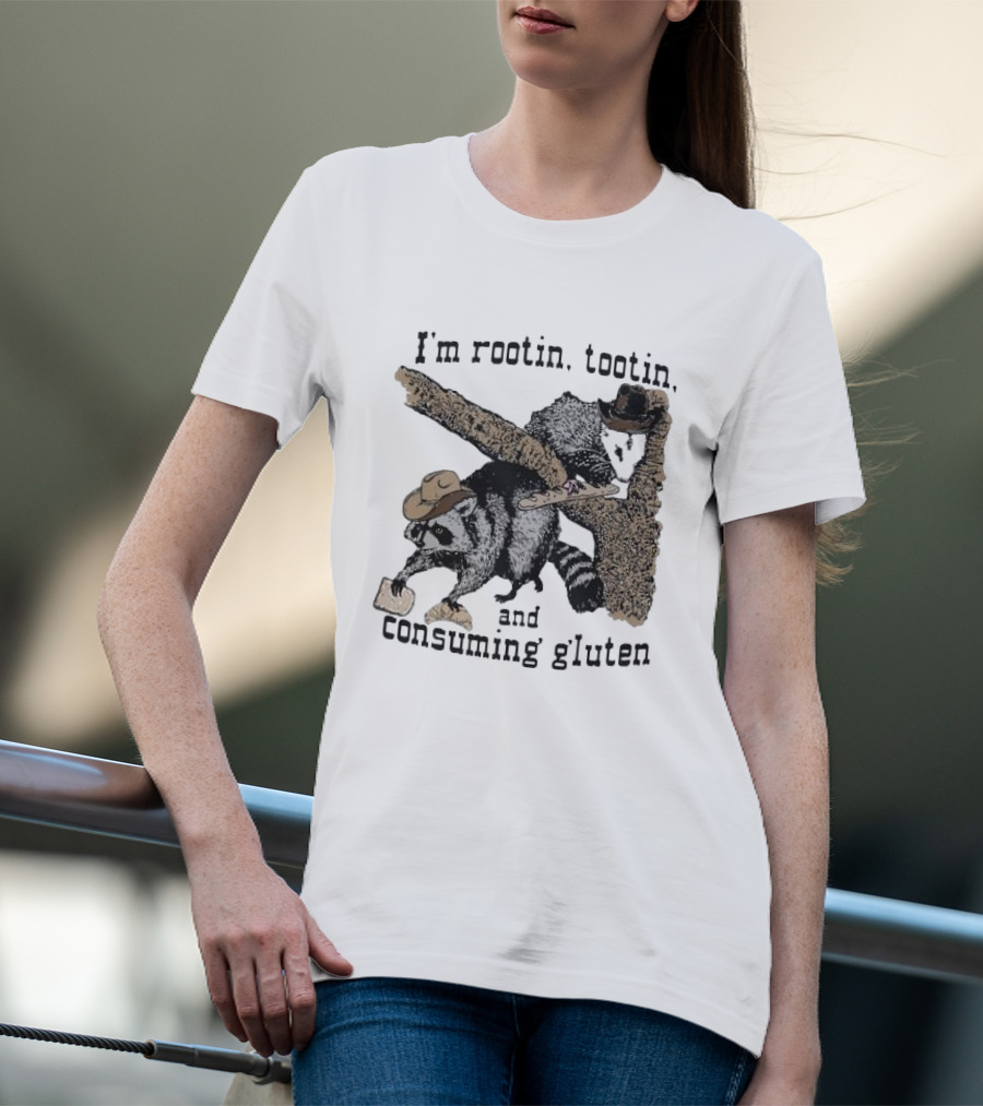 I'm Rootin Tootin Raccoon Duo Consuming Gluten In Cowboy Hats T-Shirt