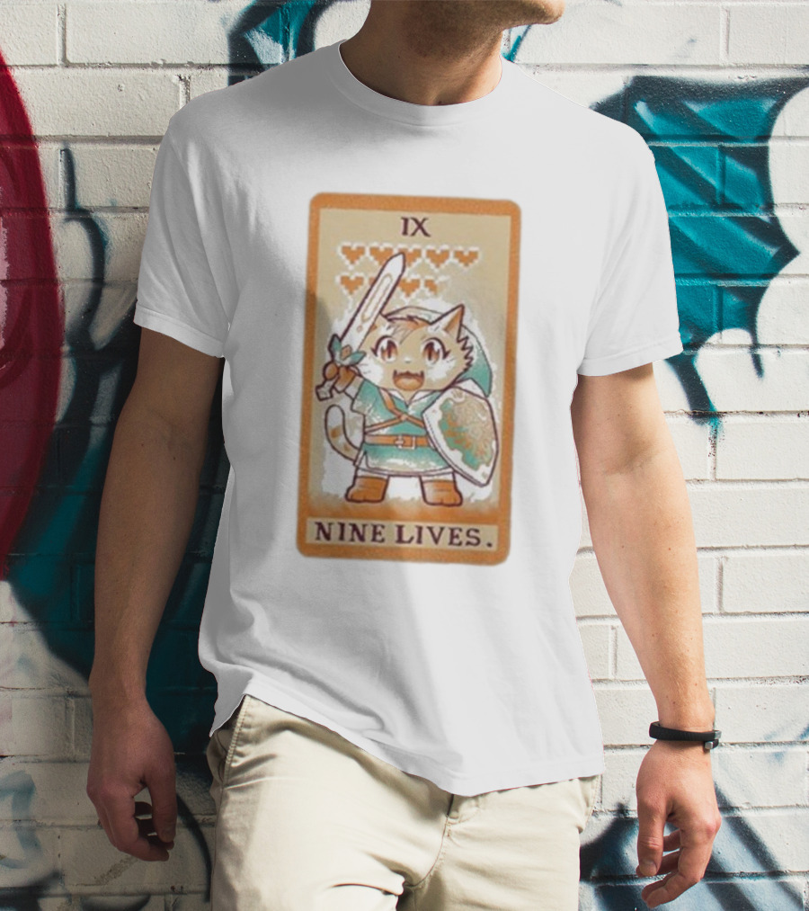 Nine Lives IX Tarot Cat Sword Shield Hearts T-Shirt