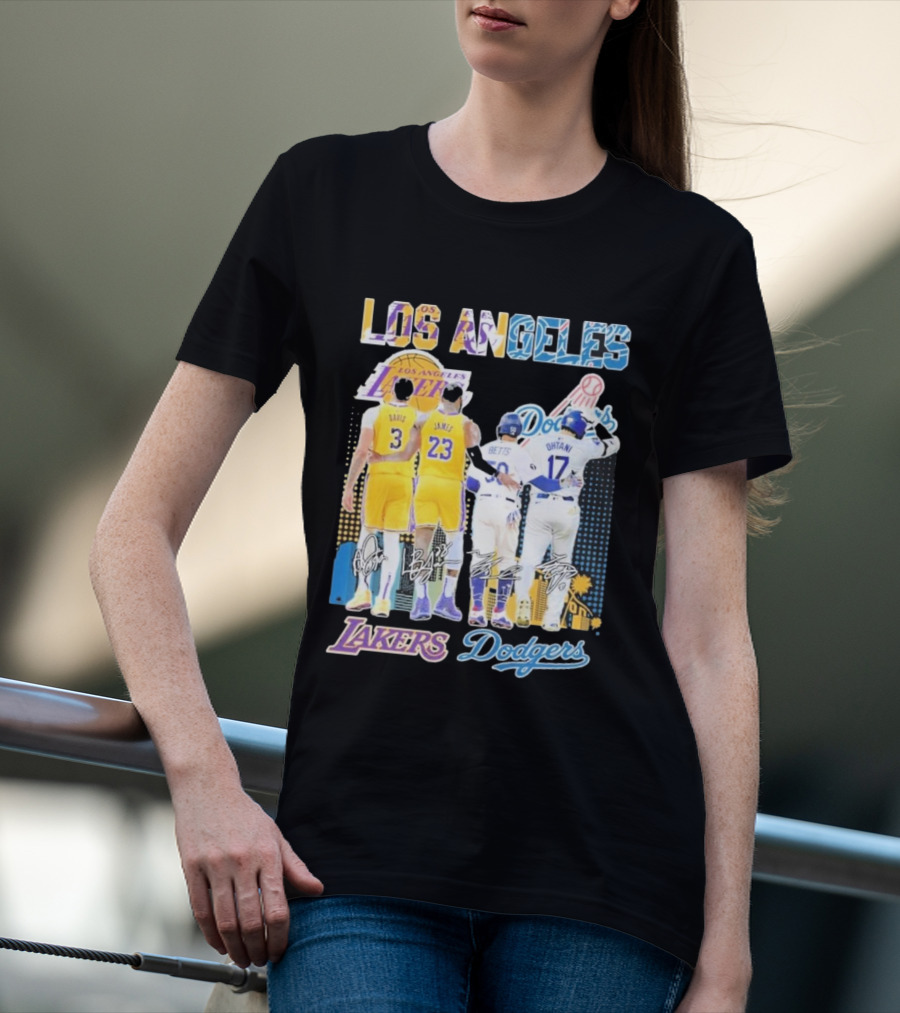 Los Angeles Lakers Dodgers LeBron James Anthony Davis Mookie Betts Freddie Freeman Signatures T-Shirt
