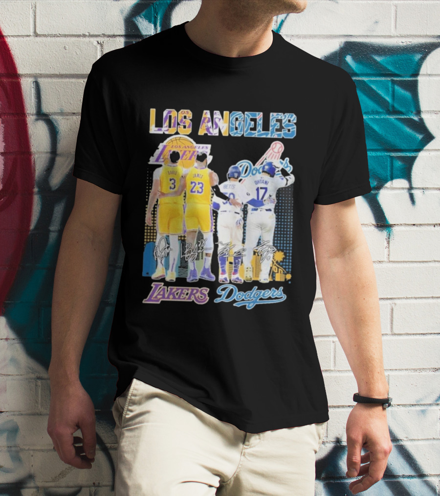 Los Angeles Lakers Dodgers LeBron James Anthony Davis Mookie Betts Freddie Freeman Signatures T-Shirt