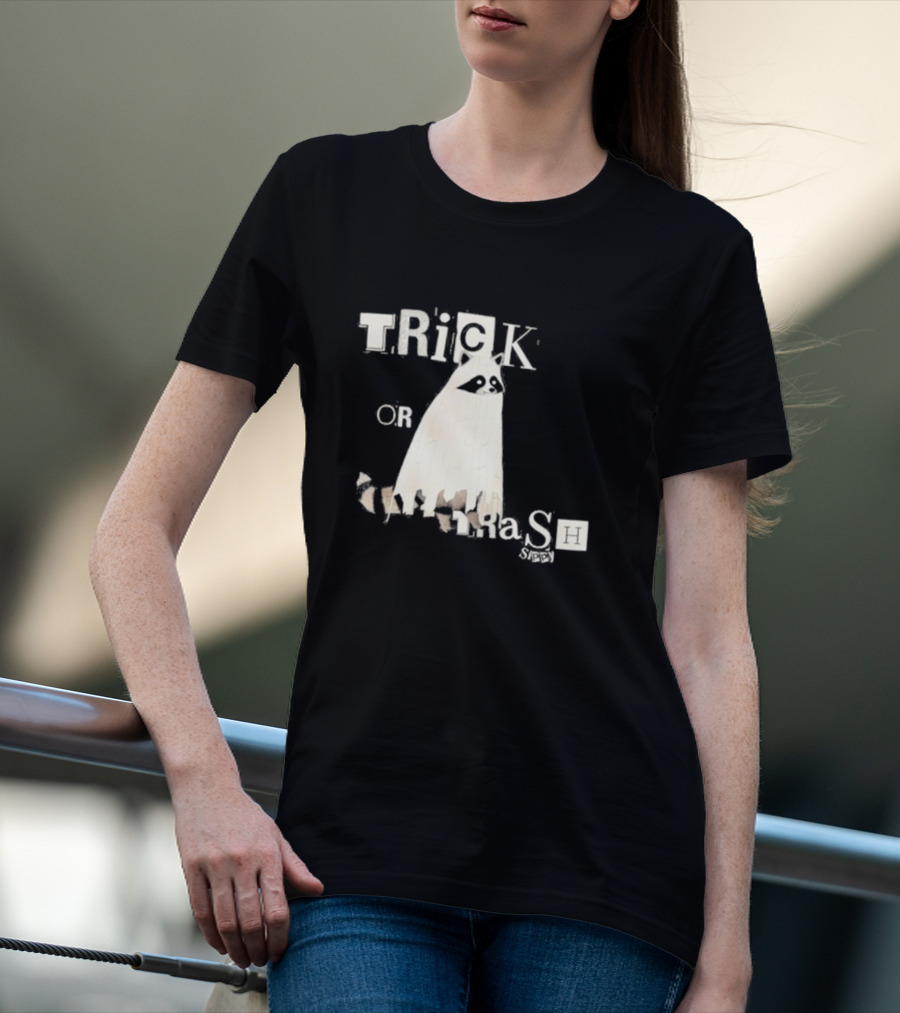 TRICK OR TRASH SIPPY Black Raccoon Ghost Costume T-Shirt